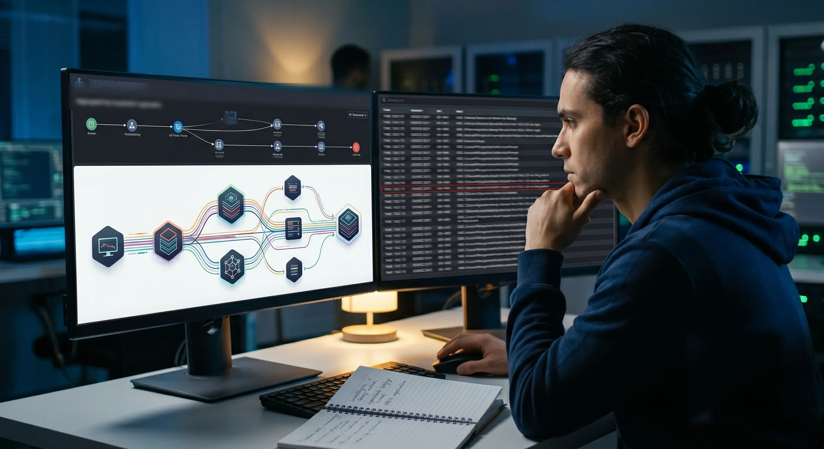 A defender reading an Active Directory domain compromise from Windows event telemetry, the attack chain from Kerberoasting through DCSync to domain dominance surfacing as security events flowing from the domain controllers to the analyst's console.
