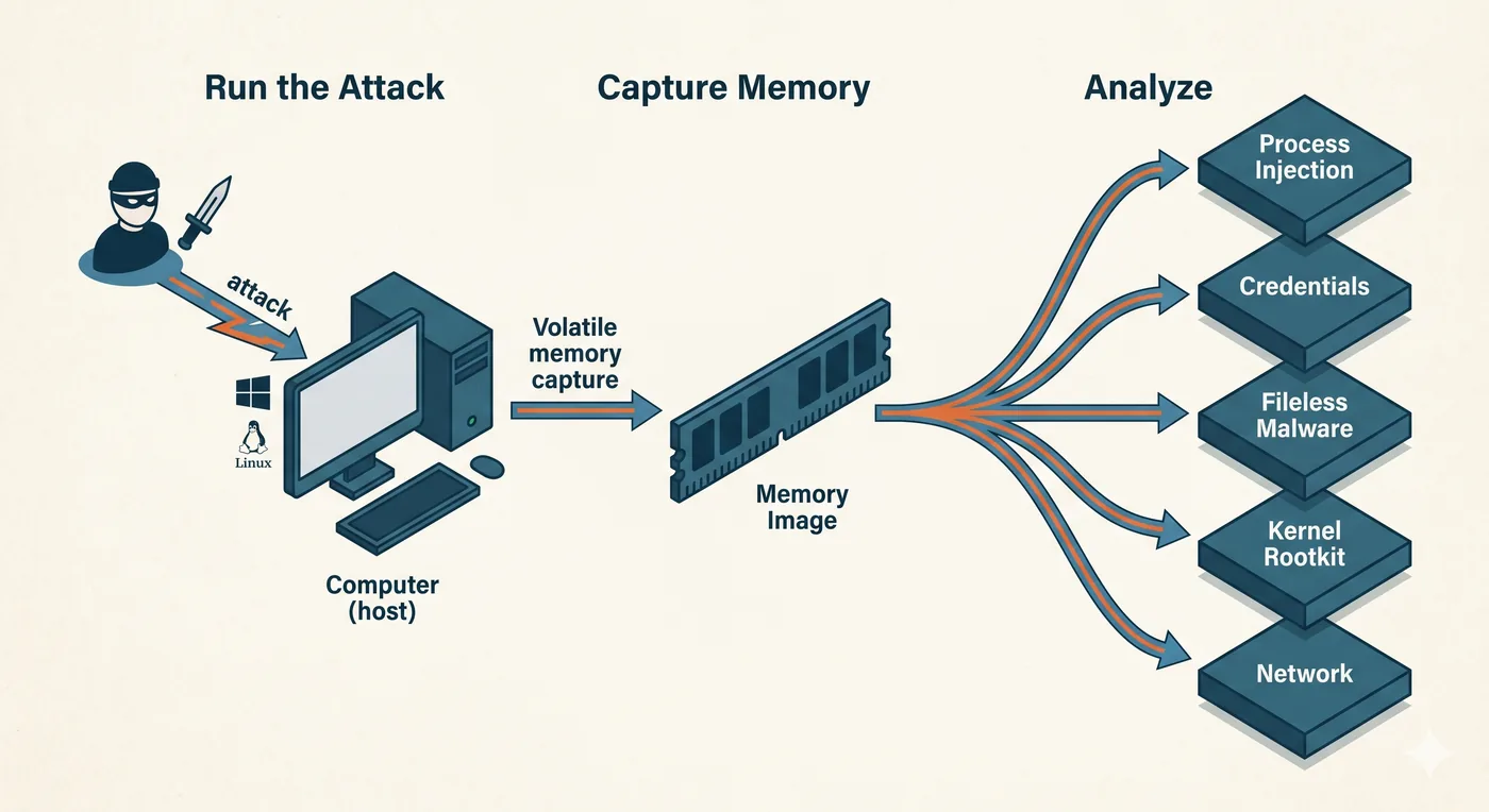 The attack-capture-analyze model: a host under attack on Windows or Linux, its volatile memory captured into a memory image, then analyzed to surface process injection, credentials, fileless malware, kernel rootkits, and network activity