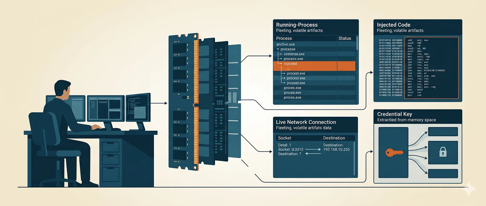 An examiner analyzing a captured memory image, surfacing in-memory artifacts that never touch disk: a running-process tree with an injected process, injected code, a live network connection, and credentials