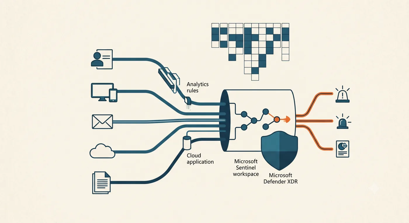 The Microsoft detection pipeline: identity, endpoint, email, cloud, and audit log sources flowing through analytics rules into a Sentinel workspace and Defender XDR, producing alerts, with an ATT&CK coverage grid above