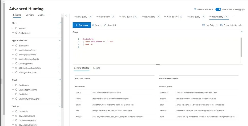 MDE Advanced Hunting interface showing schema tree and KQL query editor