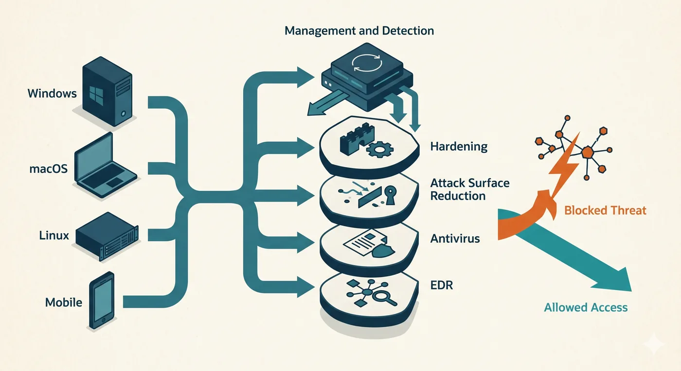 A fleet of Windows, macOS, Linux, and mobile devices passing through layered endpoint defenses, hardening, attack surface reduction, antivirus, and EDR, managed centrally, with attacks blocked and clean activity allowed