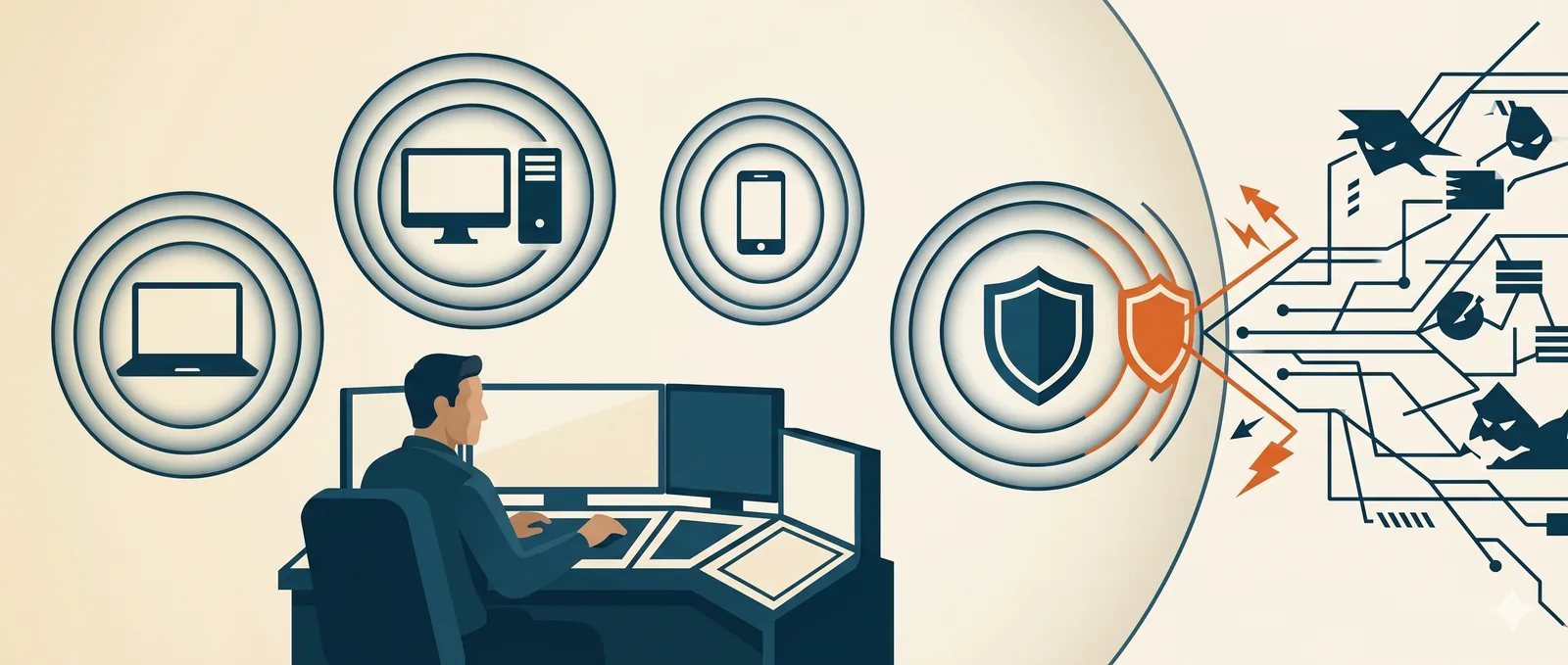 An endpoint security engineer defending a fleet of devices wrapped in layered protection, with an incoming attack stopped at the device