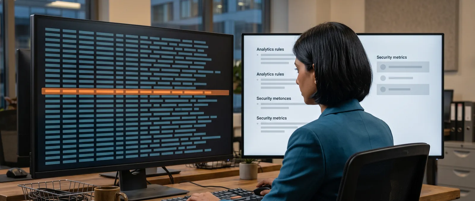 A security analyst reading two screens: a wall of sign-in log rows with a single row picked out in orange, beside a sparse list of analytics rules and coverage metrics