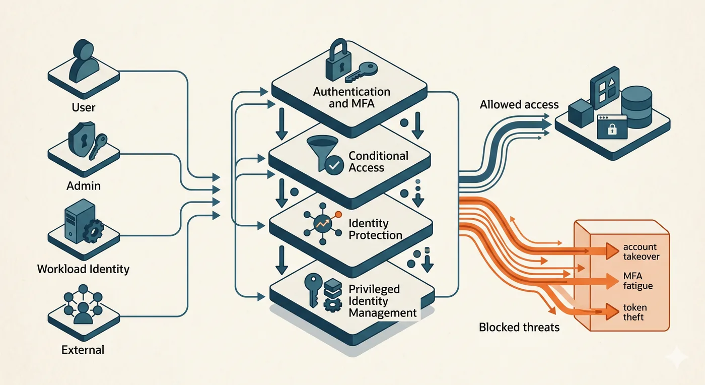 The Entra identity control plane: user, admin, workload, and external identities evaluated through Authentication and MFA, Conditional Access, Identity Protection, and Privileged Identity Management, yielding allowed access or blocked threats like account takeover, MFA fatigue, and token theft