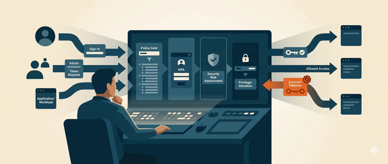 An identity security engineer routing sign-in and token requests through layered Entra ID controls, allowing legitimate access and blocking an account-takeover attempt