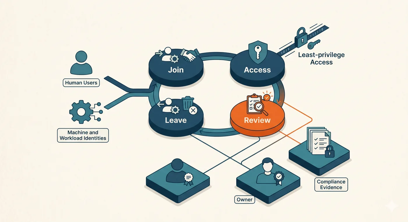 The governed identity lifecycle: human users and machine and workload identities flowing through join, access, review, and leave, with least-privilege access feeding the access stage and every identity tied to an owner and compliance evidence