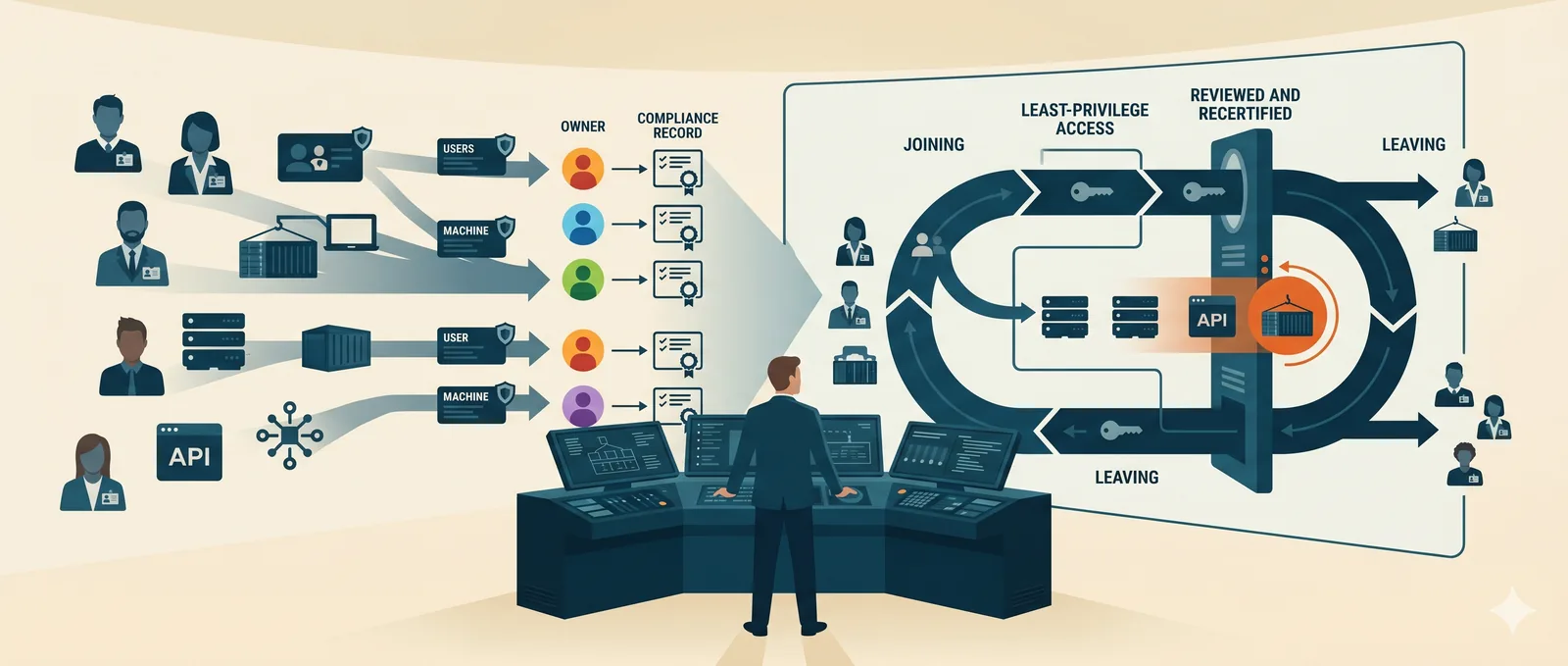 An identity architect governing human and machine identities through a join, access, review, and leave lifecycle, each identity tagged to an owner and a compliance record