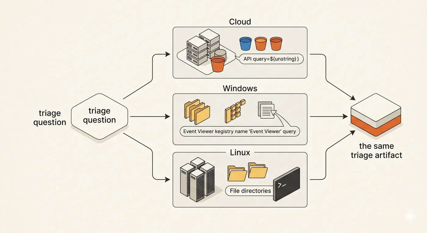 One triage question fanning out to three environment panels, Cloud, Windows, and Linux, each using a different data source and query, all converging on one identical triage artifact accented in orange: the source and query change per environment, the method and artifact stay constant