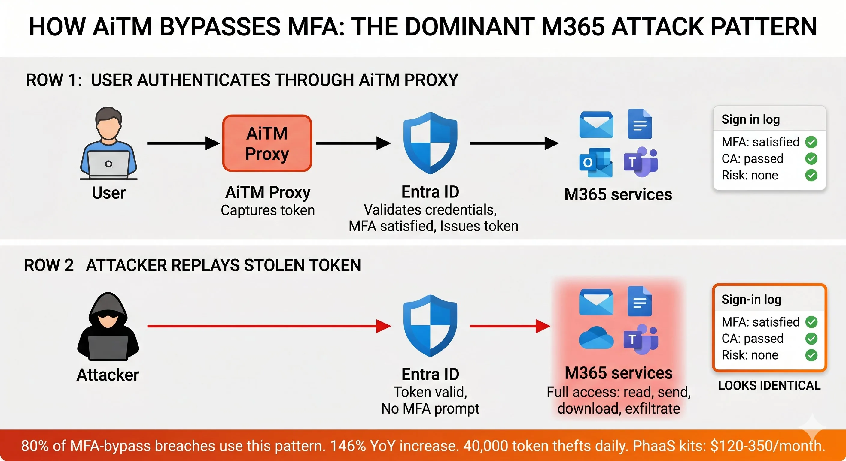 AiTM attack flow: how adversary-in-the-middle phishing bypasses MFA by capturing session tokens