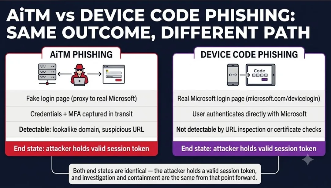 AiTM vs device code phishing: same outcome, different path
