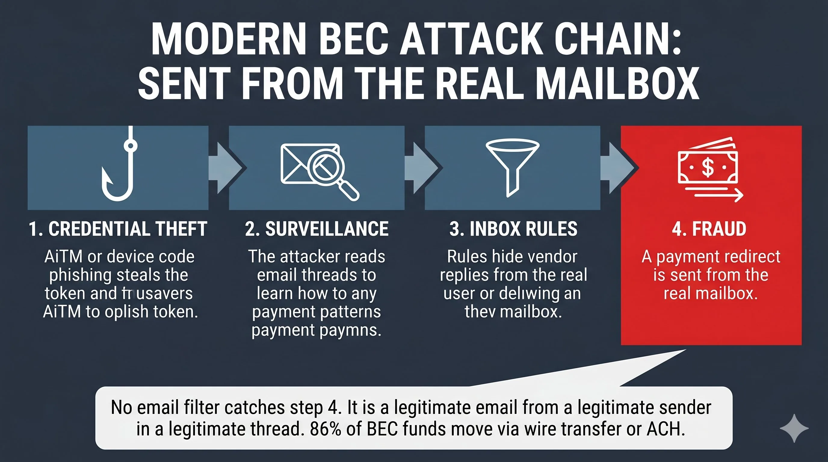 Modern BEC attack chain: credential theft to surveillance to inbox rules to fraud