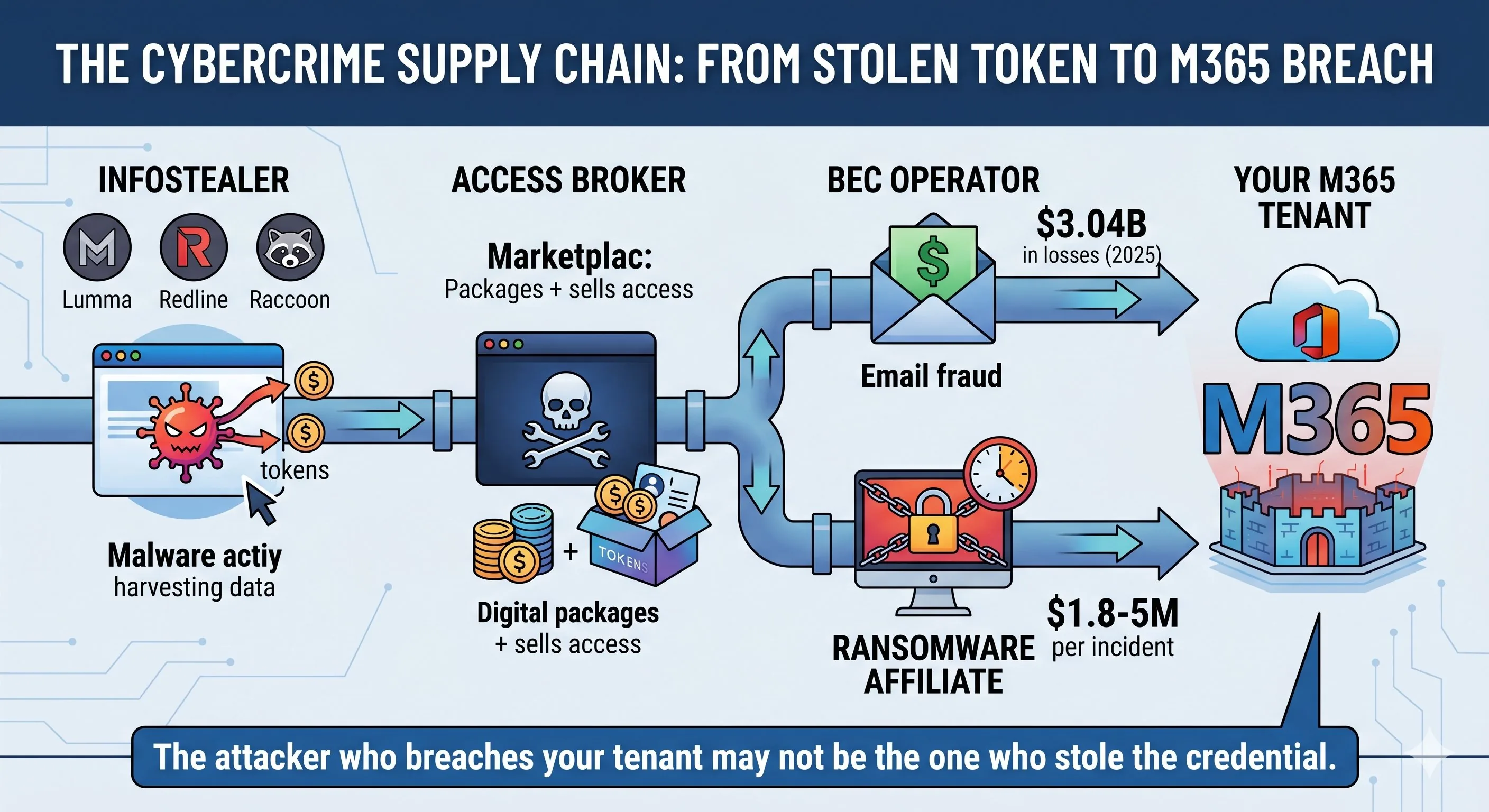 Cybercrime supply chain: from infostealer to access broker to BEC operator to your M365 tenant