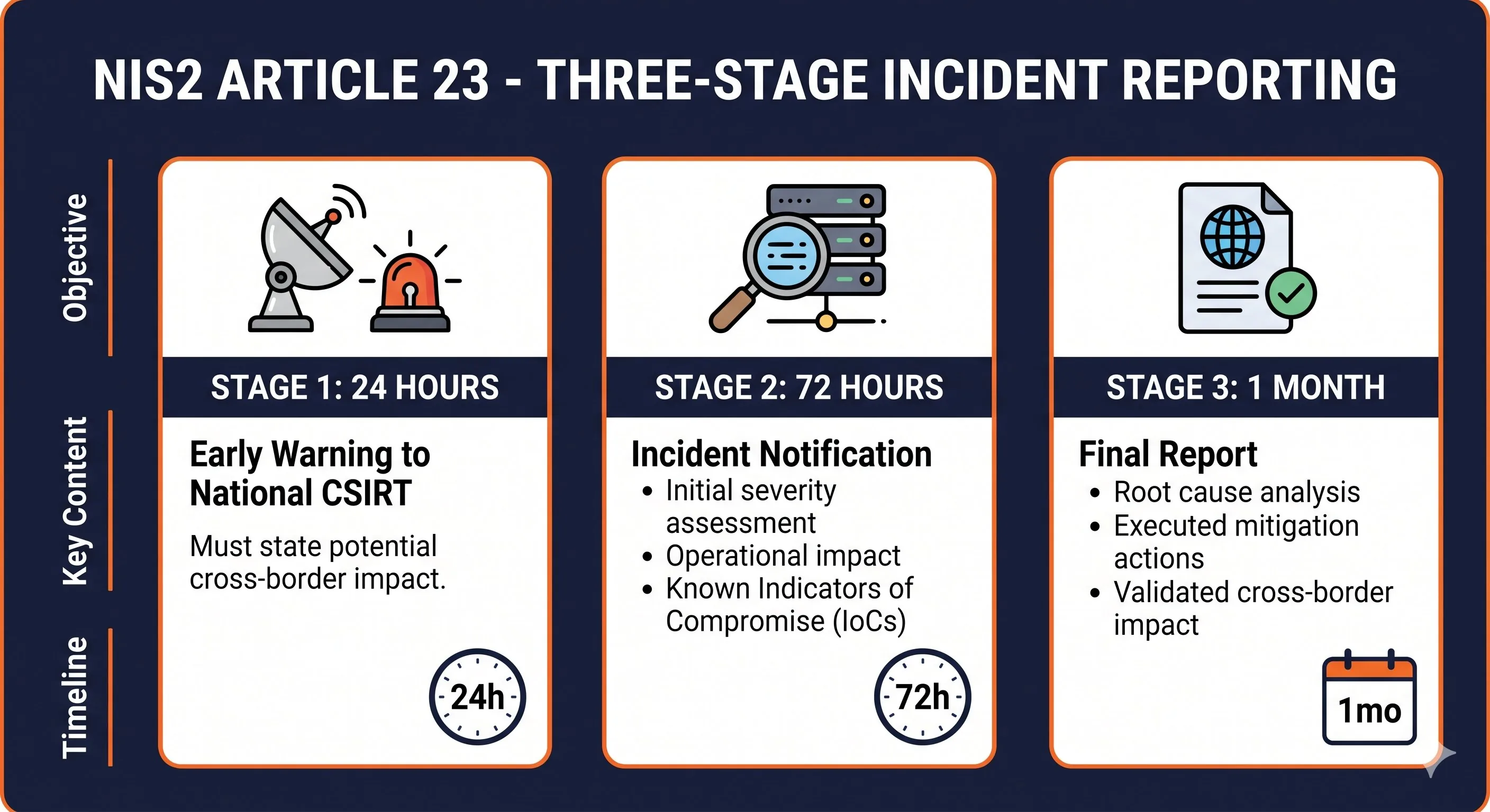 NIS2 Article 23 three-stage incident reporting: 24-hour early warning, 72-hour notification, one-month final report
