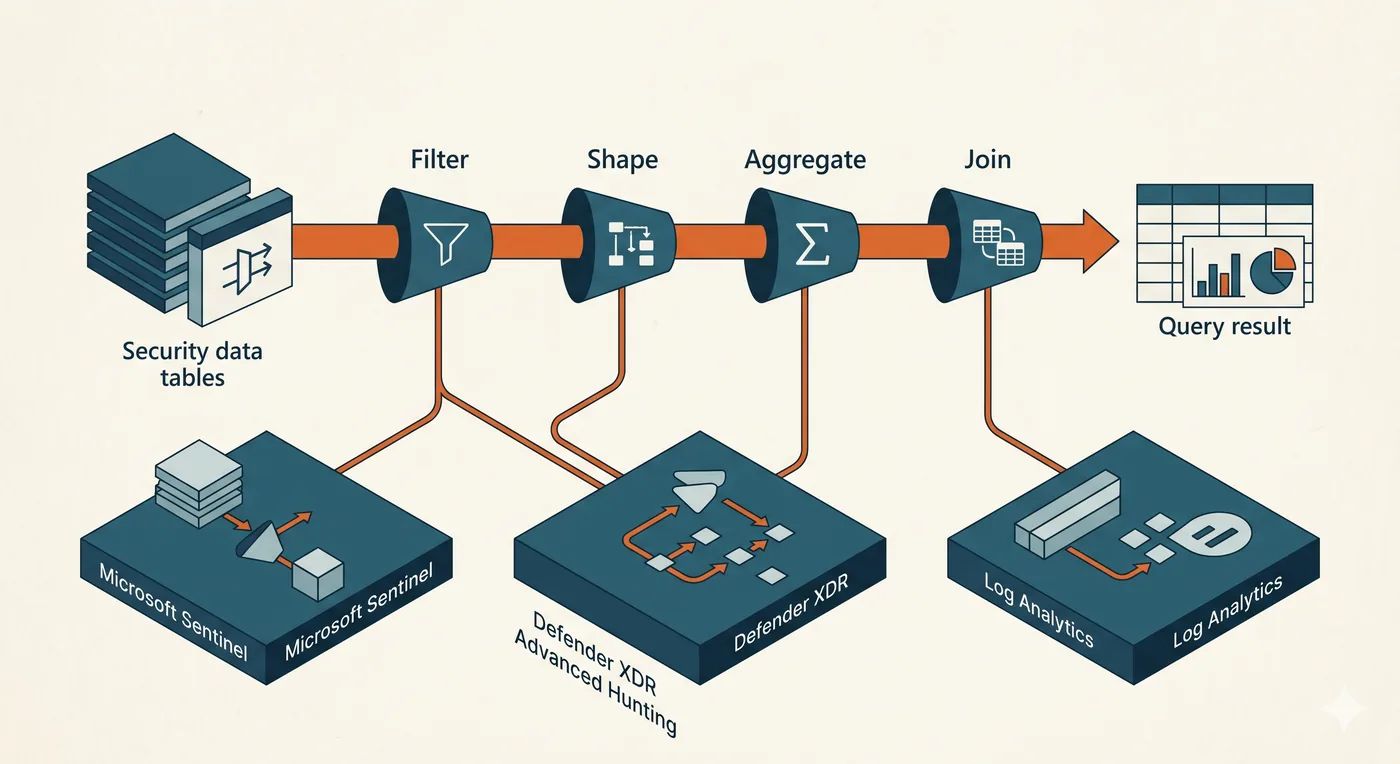 A KQL query pipeline: security data tables flowing through Filter, Shape, Aggregate, and Join stages into a query result, running across Microsoft Sentinel, Defender XDR Advanced Hunting, and Log Analytics