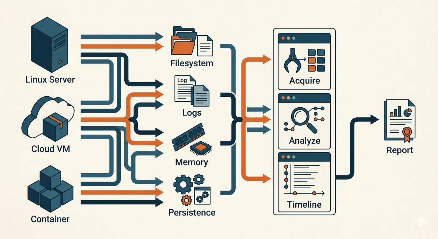 Linux server, cloud VM, and container each contributing filesystem, logs, memory, and persistence evidence into an acquire, analyze, and timeline investigation flow, ending in a report