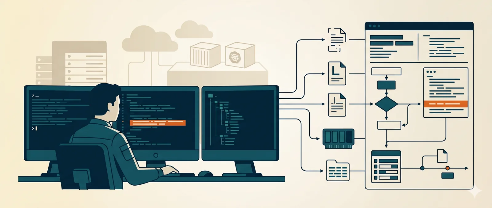 A responder investigating a compromised Linux system from the terminal, evidence resolving into a structured investigation across server, cloud, and container