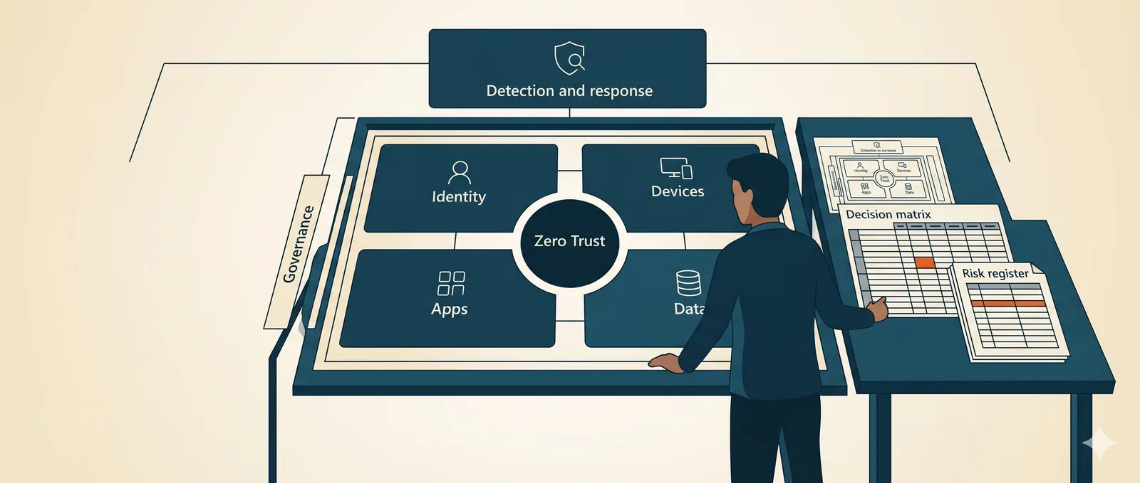 A security architect designing a complete Microsoft 365 architecture, identity, devices, apps, and data around a Zero Trust core under detection and response and a governance frame, with a decision matrix and risk register beside it