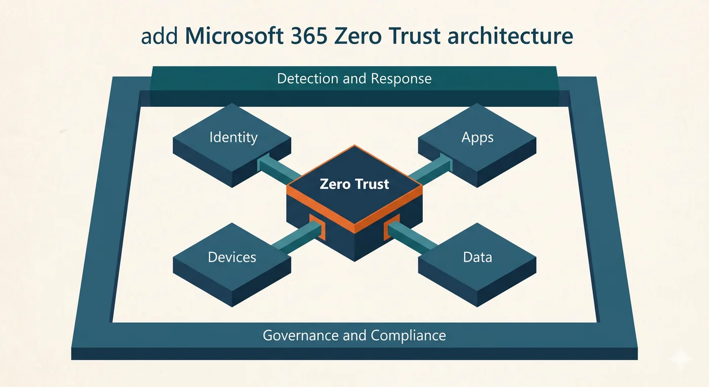 A complete Microsoft 365 Zero Trust architecture: a Zero Trust core connected to the identity, devices, apps, and data domains, under a detection and response band, framed by governance and compliance
