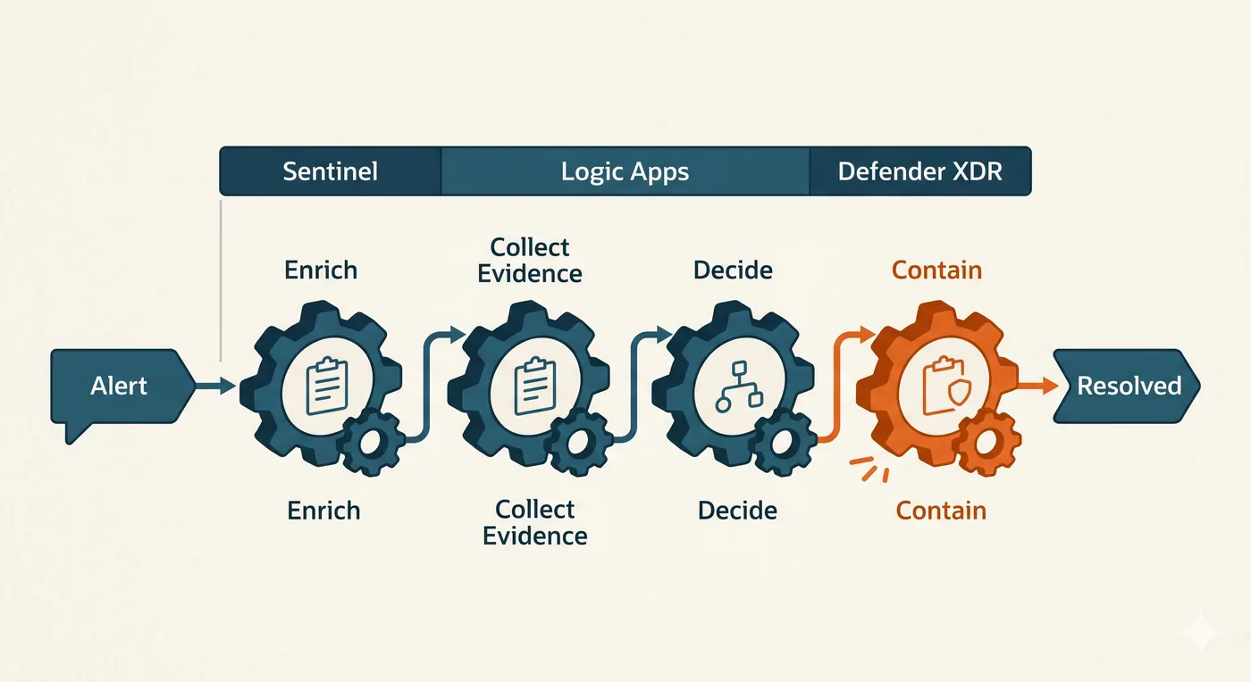 A security automation pipeline: an alert flowing through enrich, collect evidence, decide, and contain to resolved, orchestrated across Sentinel, Logic Apps, and Defender XDR