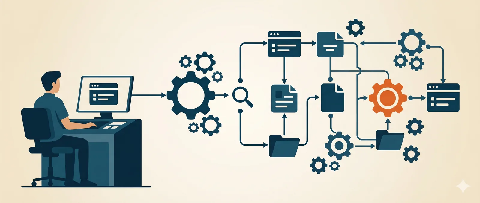 A SOC engineer handing manual work to an automated playbook, an alert flowing into a pipeline of gears and workflow steps that enriches, collects evidence, and contains on its own