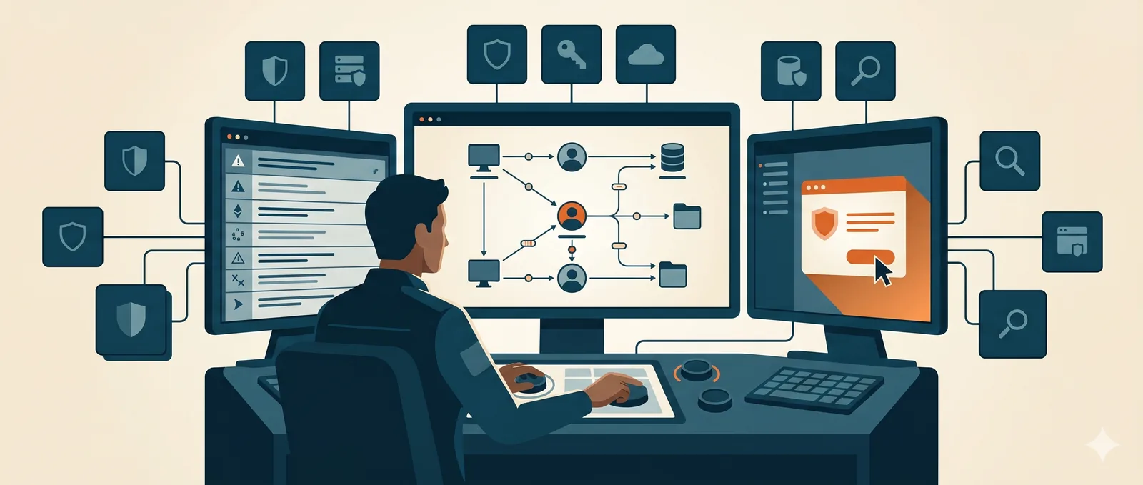 A SOC analyst at a multi-screen console operating the full Microsoft security stack, working alerts, an investigation graph, and a response action across the detect-investigate-respond lifecycle