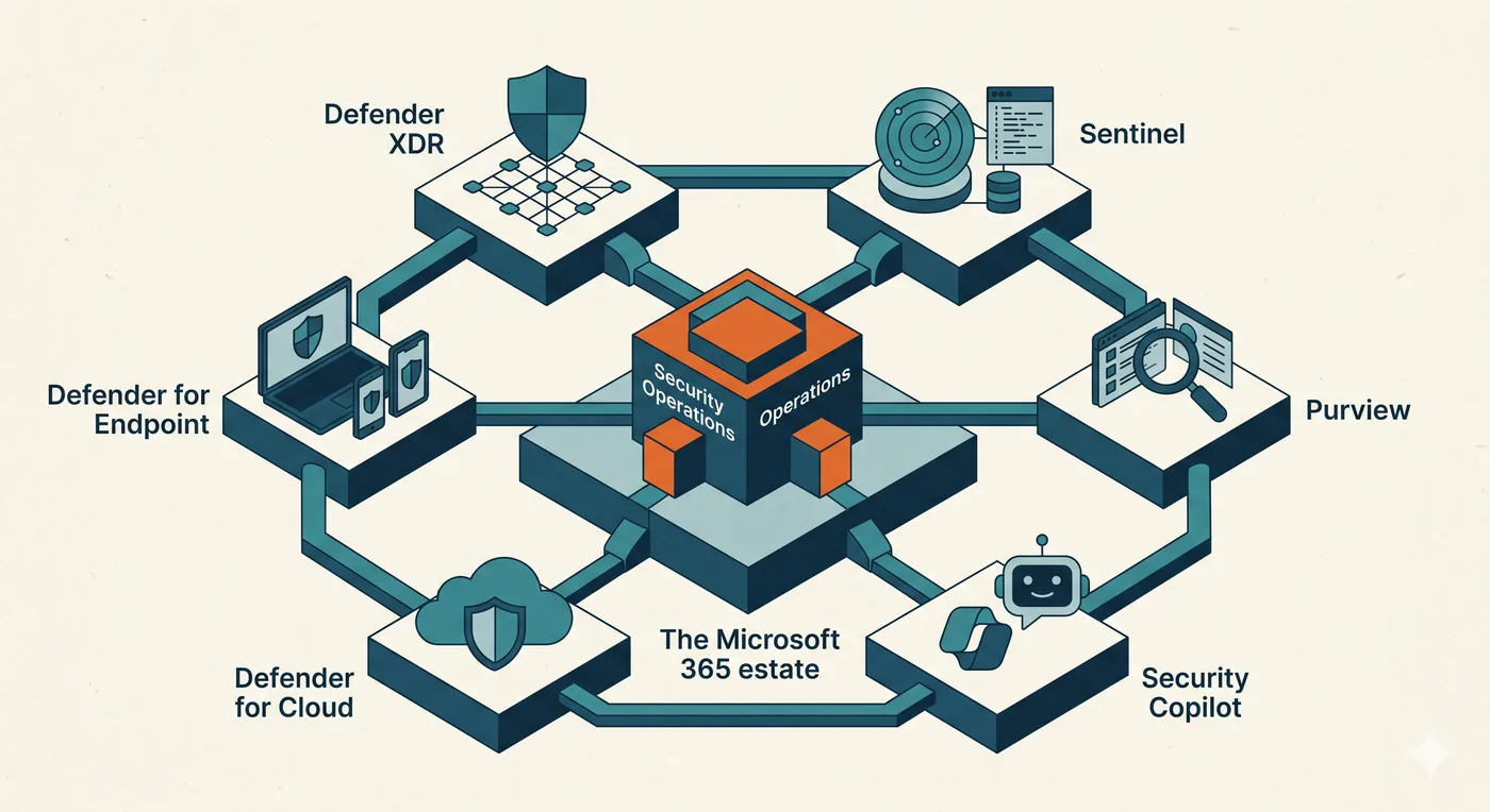 The full Microsoft security stack, Defender XDR, Defender for Endpoint, Sentinel, Purview, Defender for Cloud, and Security Copilot, feeding one central Security Operations hub over the Microsoft 365 estate