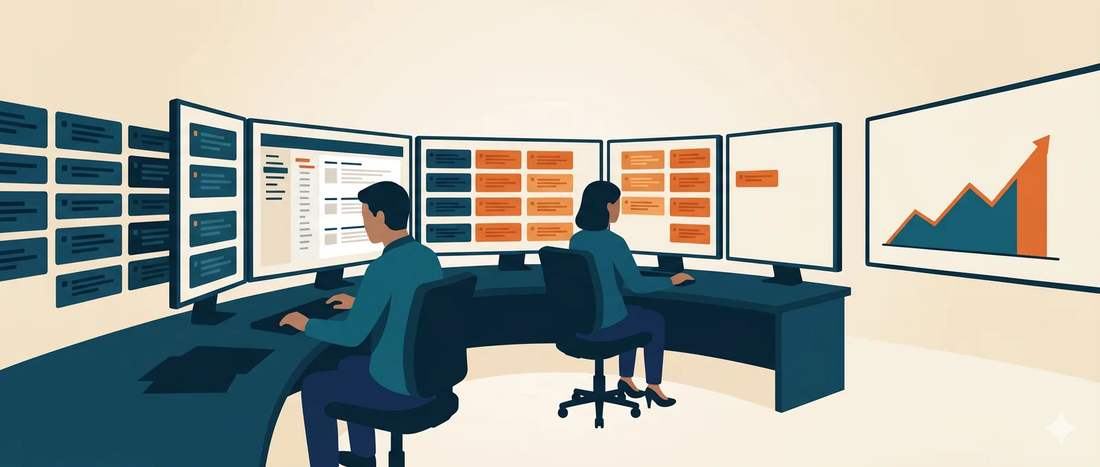 Analysts running a Microsoft 365 security operations center: an incident queue worked from triage to resolution, with operational metrics trending up