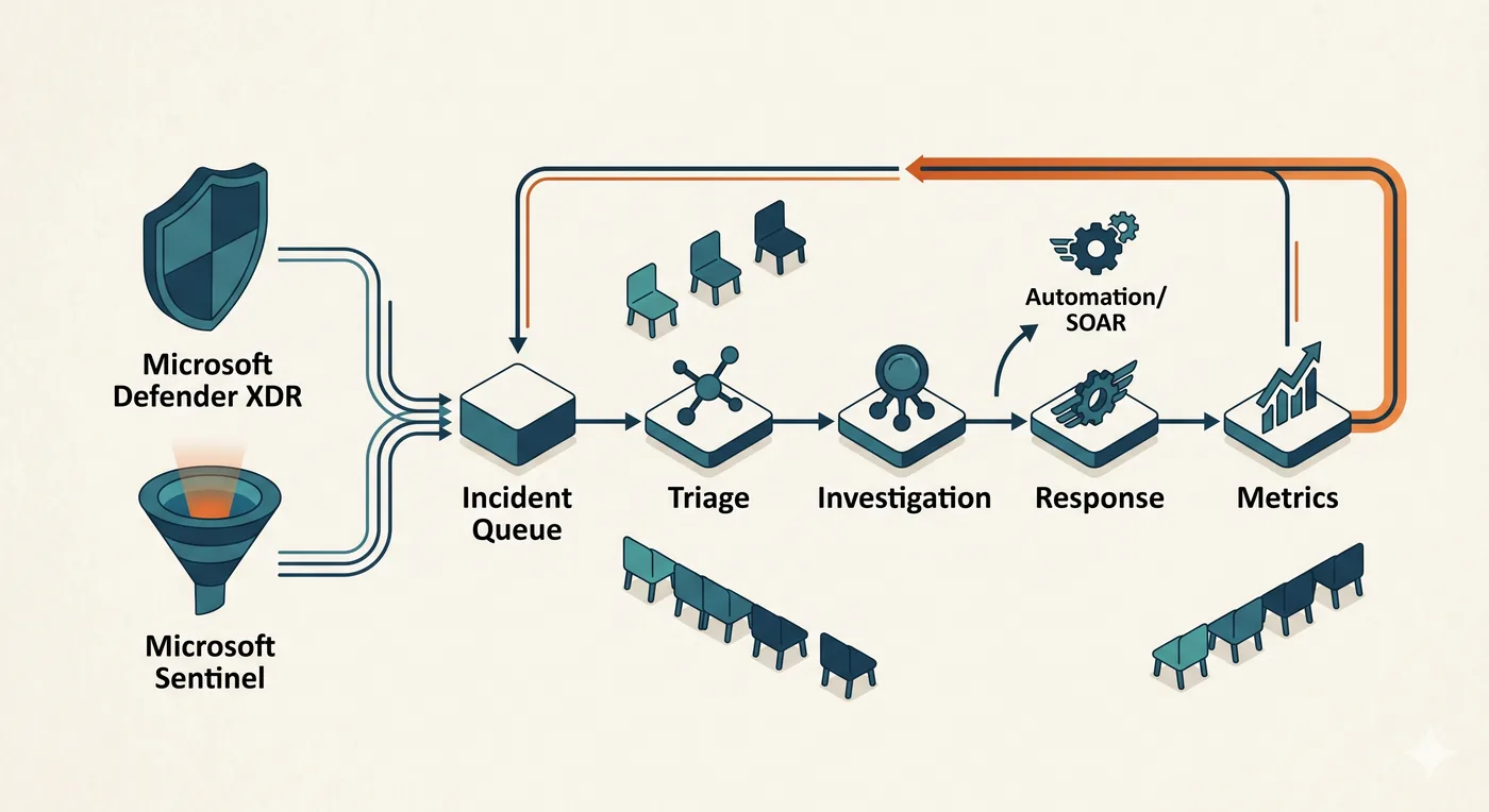 The SOC operating loop: Microsoft Defender XDR and Microsoft Sentinel feeding a unified incident queue, flowing through triage, investigation, and response with automation and SOAR, into metrics that loop back to improve detection