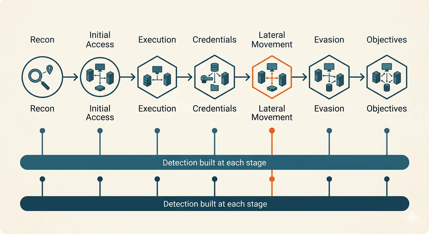The attacker campaign lifecycle, recon, initial access, execution, credentials, lateral movement, evasion, and objectives, with detection built at each stage