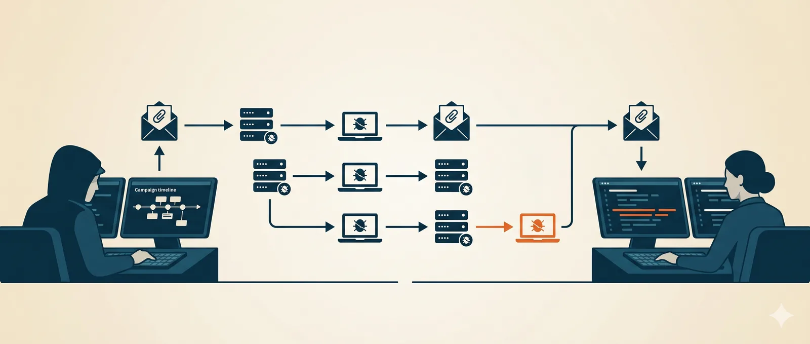 An attacker running a campaign through compromised hosts on the left, and a defender on the right turning each move into a detection that lights up, the same campaign read from both sides