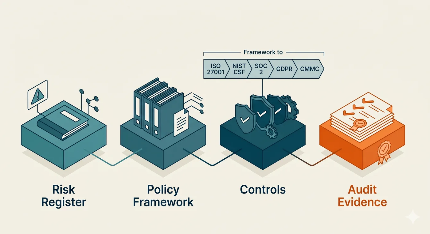 A working GRC program as a connected system: a risk register feeding a policy framework, then controls mapped to ISO 27001, NIST CSF, SOC 2, GDPR, and CMMC, producing audit evidence