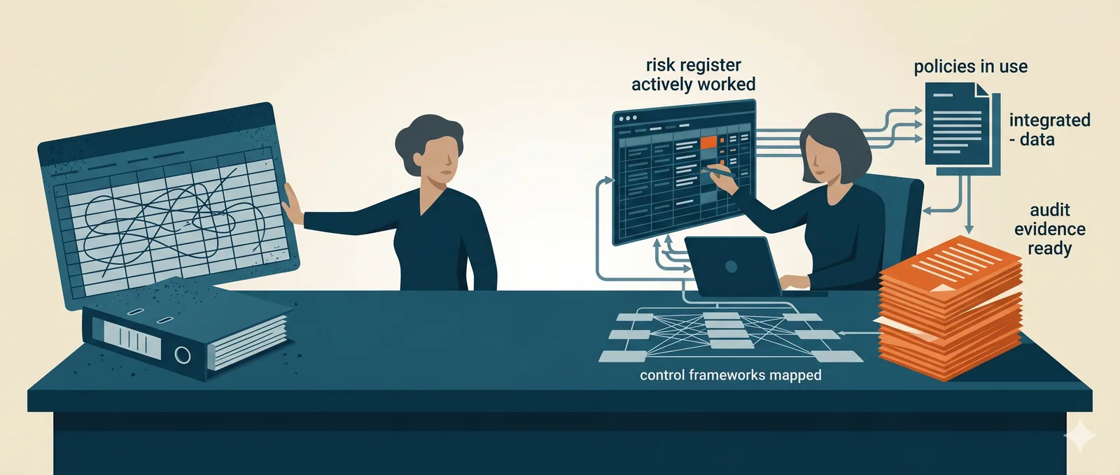 A practitioner turning a dusty control spreadsheet and a binder of unread policy templates into a working program, a risk register being worked, policies in use, frameworks mapped, and audit evidence ready