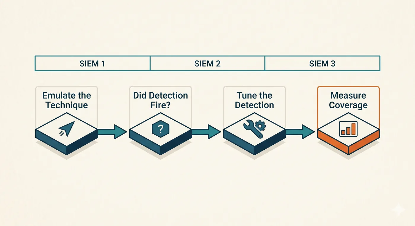 The purple-team validation flow, left to right: emulate the technique, did detection fire, tune the detection, then measure coverage (accented), with a band across the top showing the same flow runs across three separate SIEMs