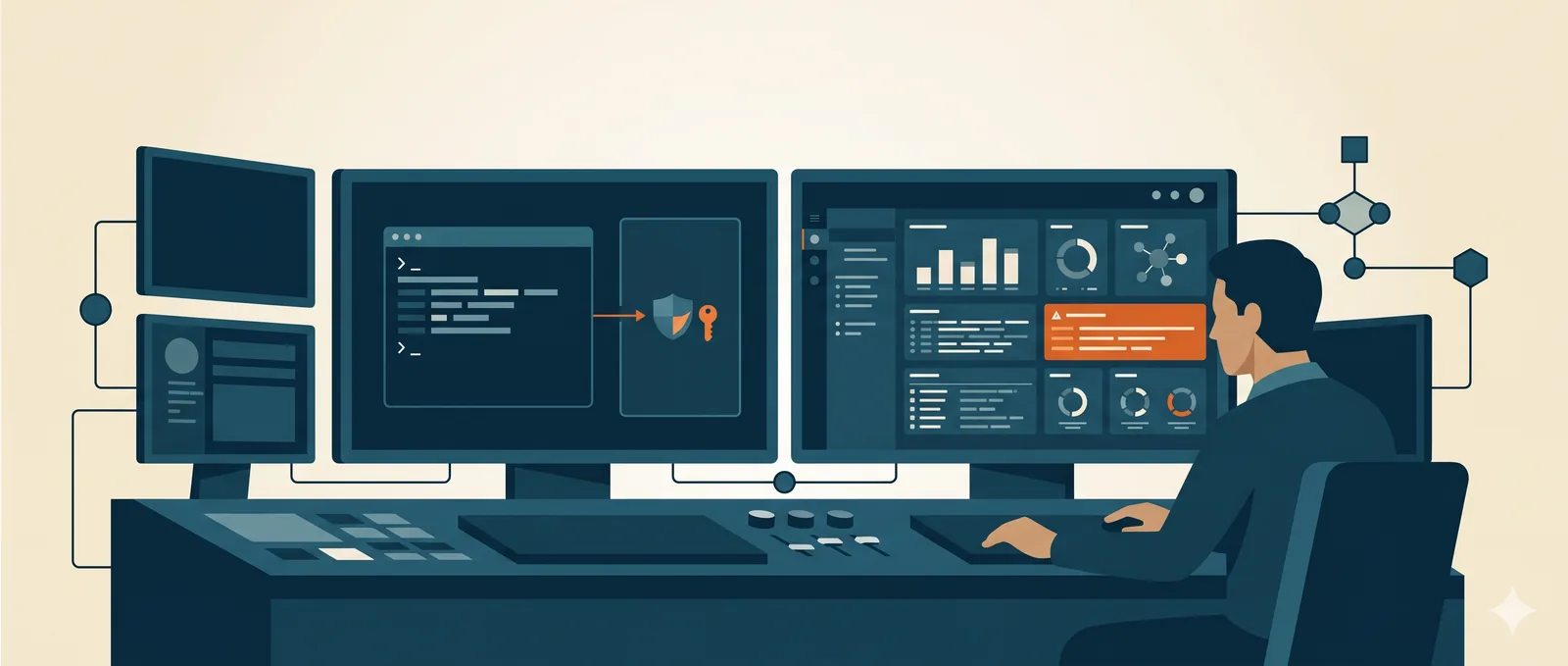 A purple-team practitioner running both sides at one console: an attacker technique being emulated on the left screen, a SIEM dashboard on the right with the detection that just fired highlighted in orange