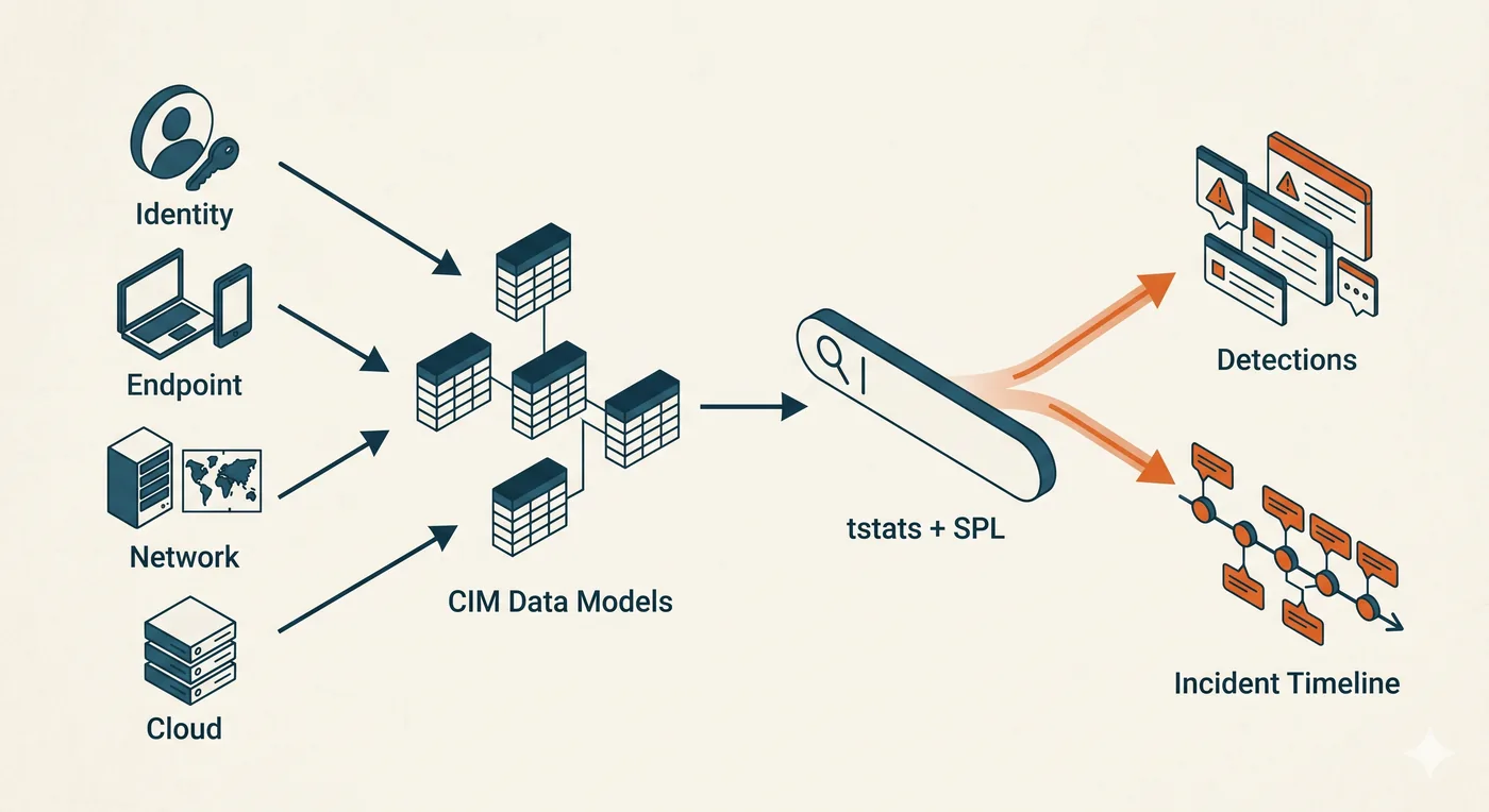 Identity, endpoint, network, and cloud sources normalized into CIM data models, searched with tstats and SPL, producing detections and an incident timeline