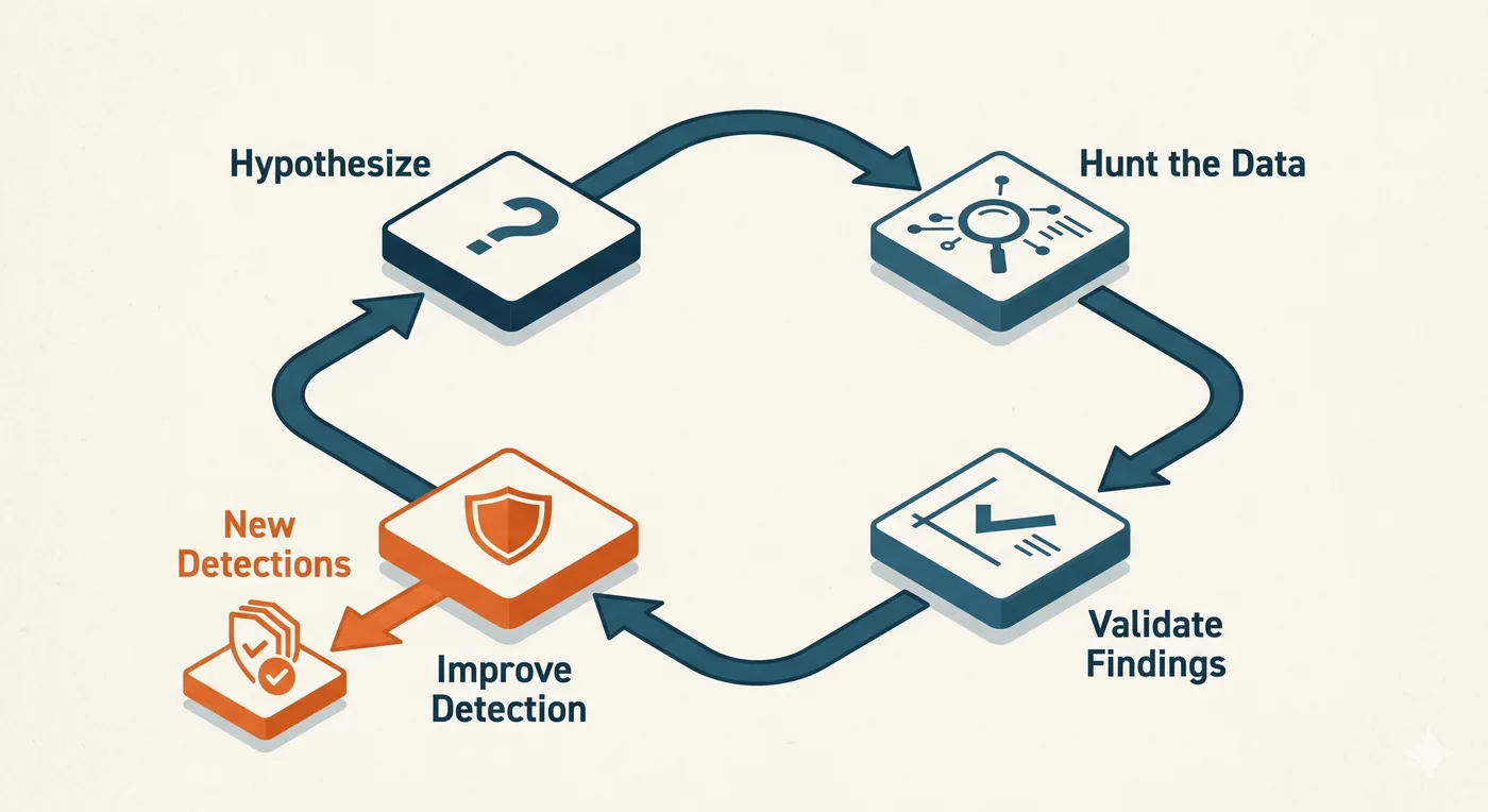 The hypothesis-driven hunt cycle: hypothesize, hunt the data, validate findings, and improve detection, looping, with each cycle producing new detections