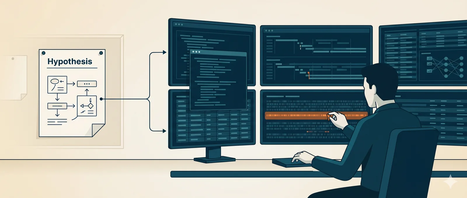 A threat hunter working from a pinned hypothesis, querying data and a timeline across multiple screens, surfacing a single stealthy adversary trace highlighted in orange among benign events