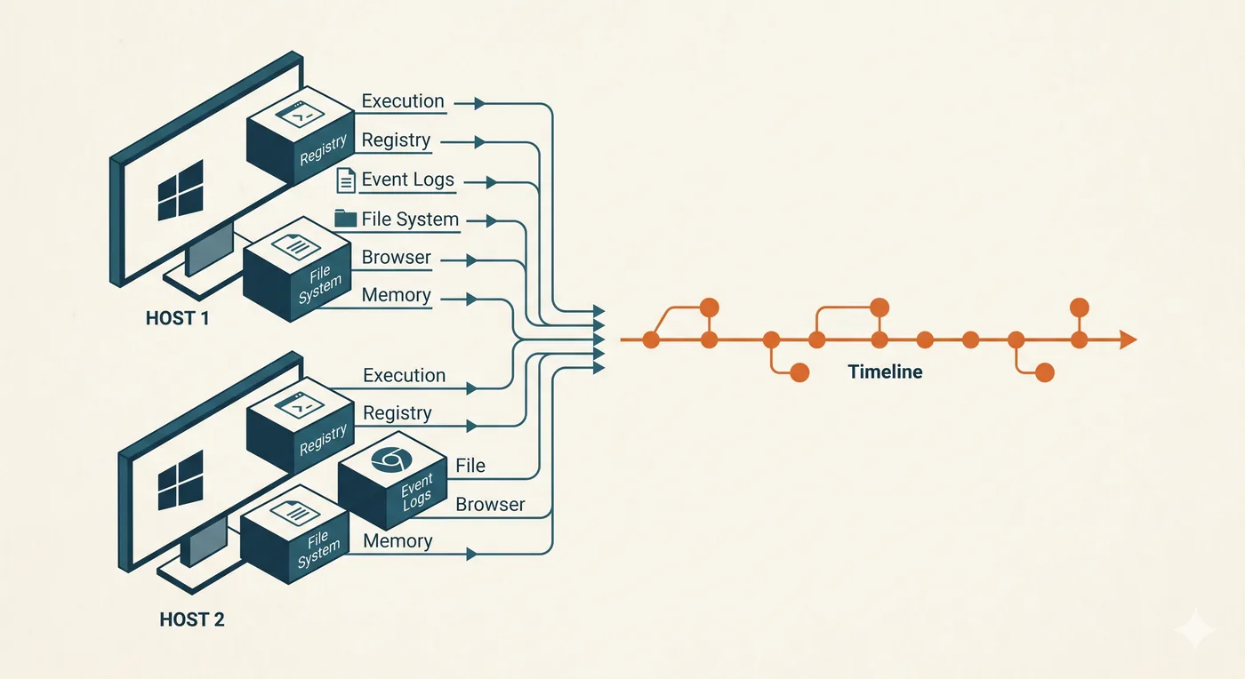 Two Windows hosts, each contributing execution, registry, event log, file system, browser, and memory artifacts, merged into a single chronological cross-host timeline
