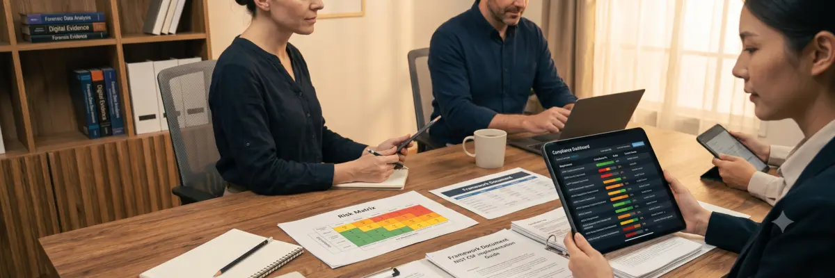 Governance professionals reviewing compliance dashboard and risk matrices