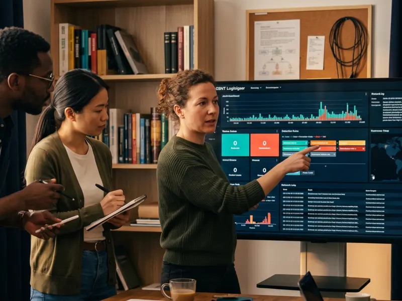 Security team collaborating around detection dashboards