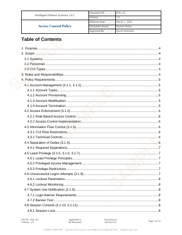 Sample page from the CMMC L2 Compliance Pack